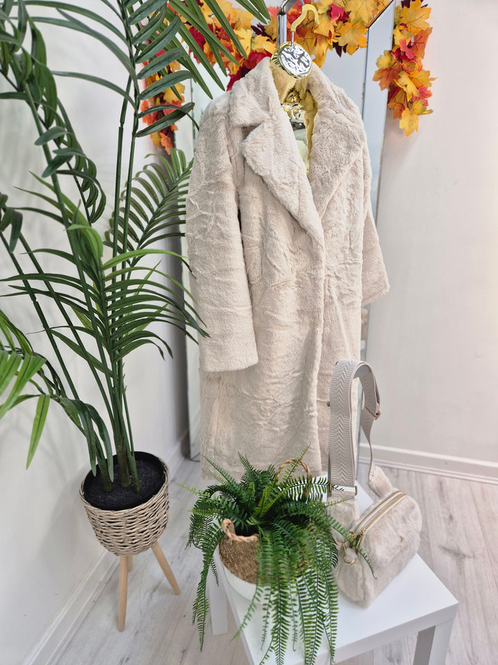 Oslo Faux Fur Longline Coat - Cream (choose your Size)