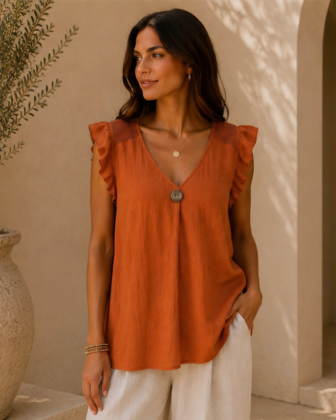 Tuscany Frilled Top with Mesh Shoulders (One Size, fits up to Size 16) - Rust