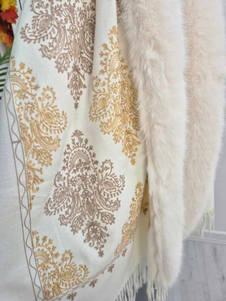 Oslo Faux Fur Shawl/Wrap - Winter White/Gold (Oversized)