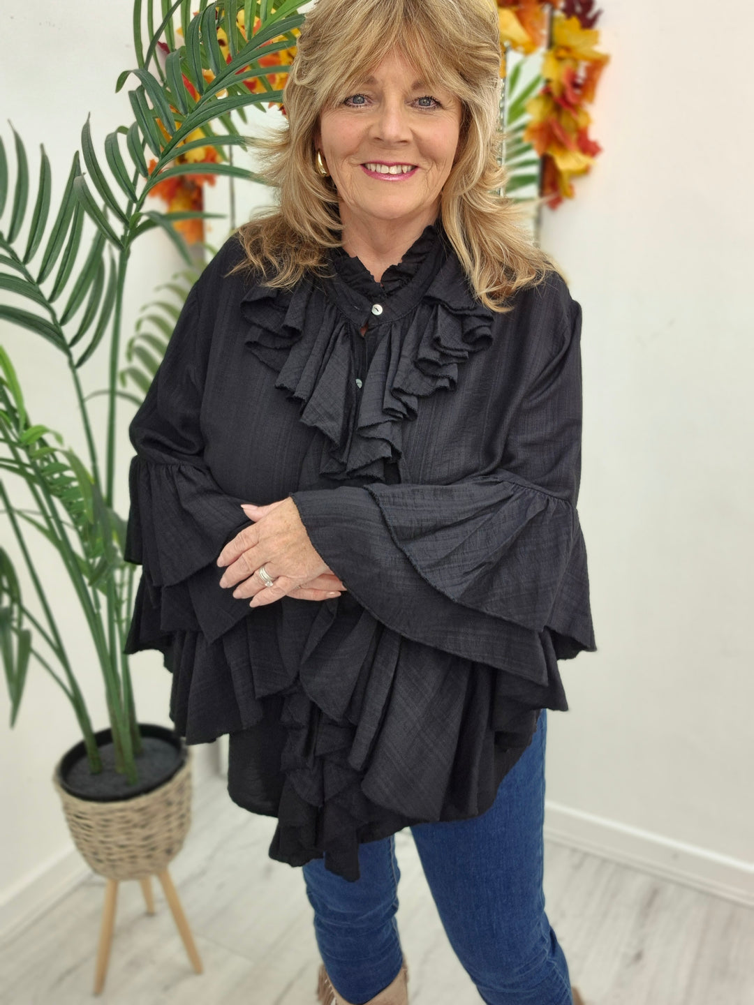 Rhea Ruffle Blouse - (One Size, fits from Size 14 up to Size 18/20) - Black