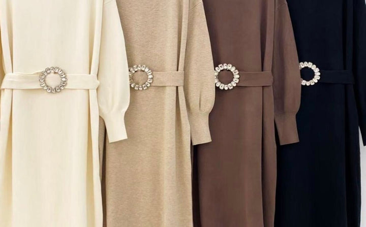 Christabelle Crystal Belted Jumper Dress - Latte (One Size, up to Size 16)