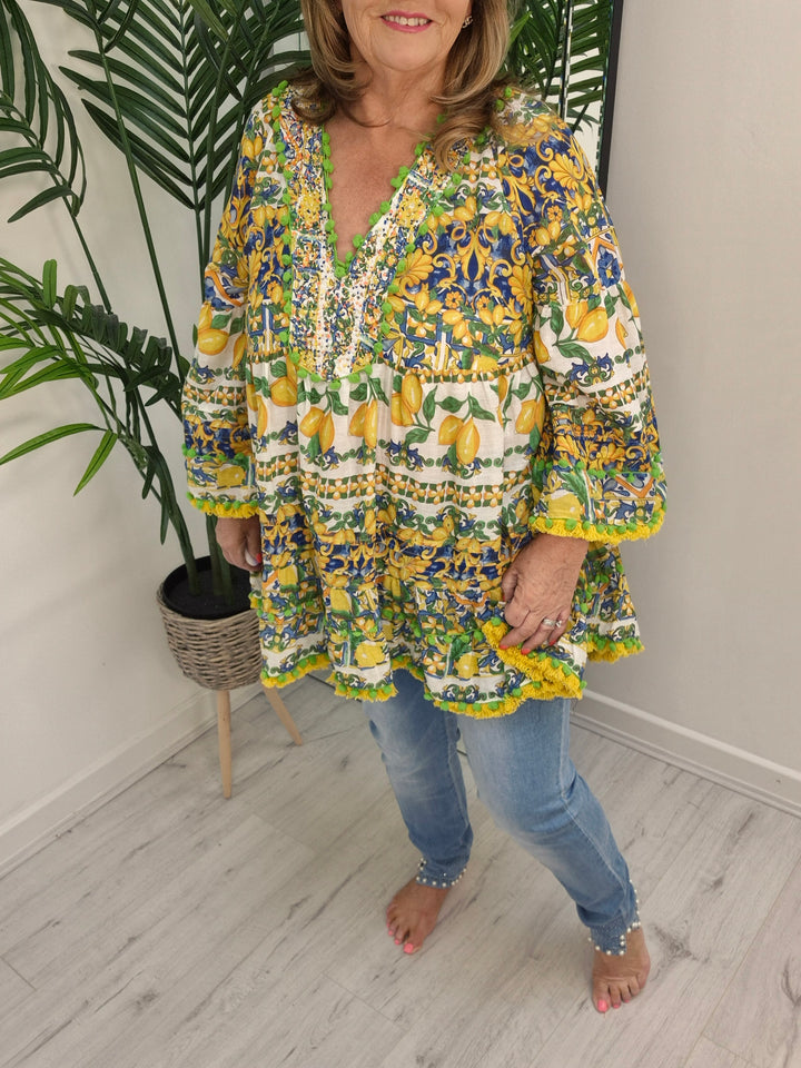 Santorini Beaded Tunic Top - Lemon & Lime