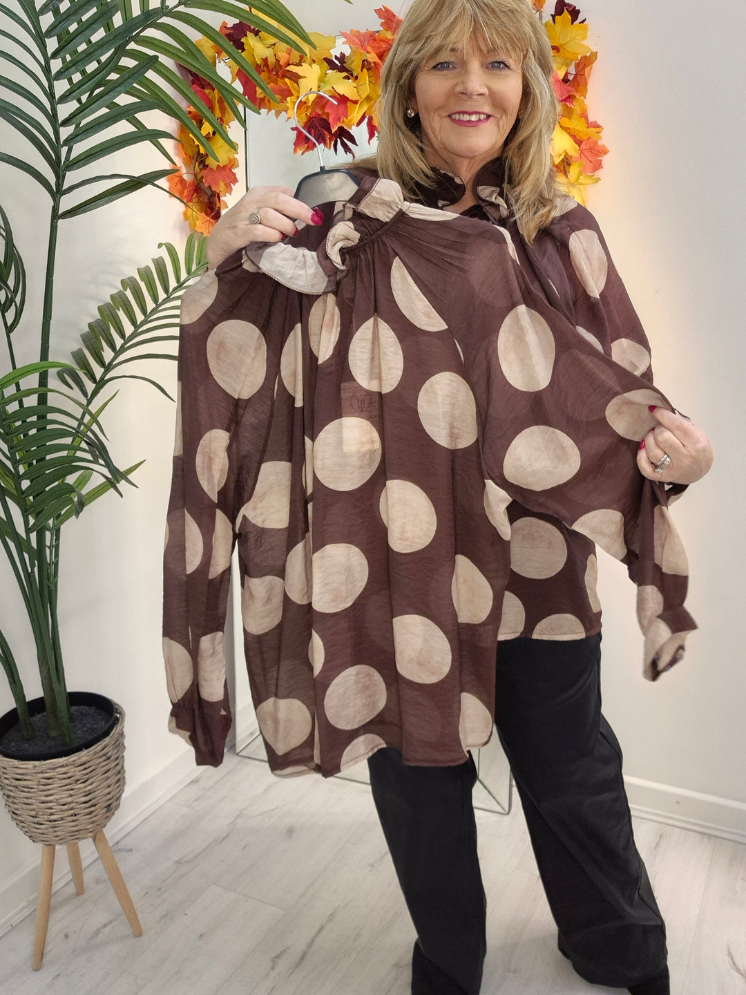 Dotty Oversized Blouse - (One Size/Curvy Size, fits from Size 14/16 to Size 20) - Chocolate