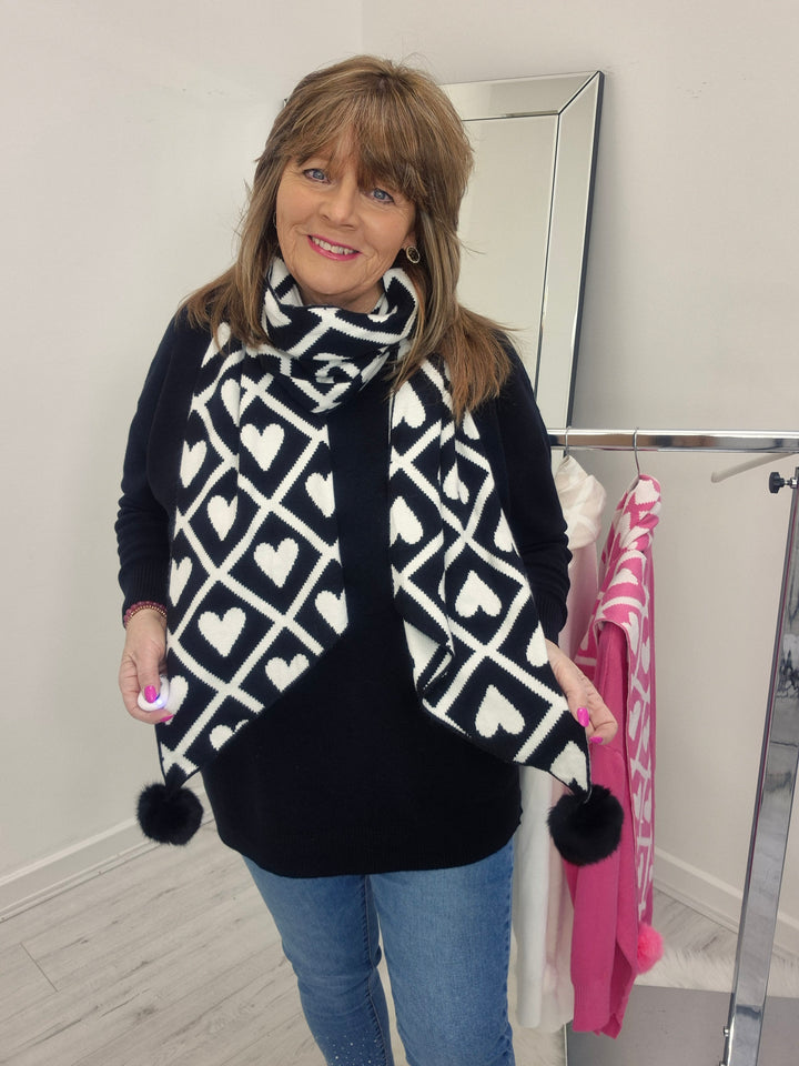 Love Jumper & Scarf with Pom Poms - Black (Curvy)