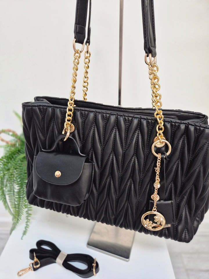 Alexis Quilted Faux Leather Bag with Charms - Black