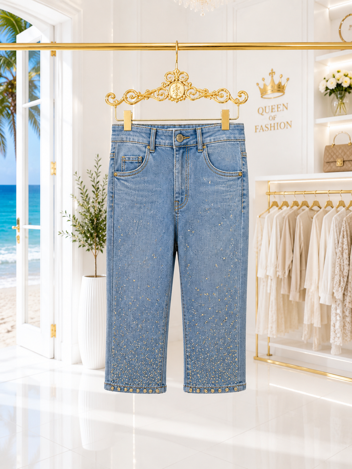 Crystal Diamantes Denim Stretchy 3/4 Length Shorts - Stonewashed Denim - (choose your Size)