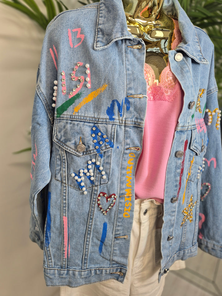 Paint Splashed Denim Jacket with Crystals - Stonewashed