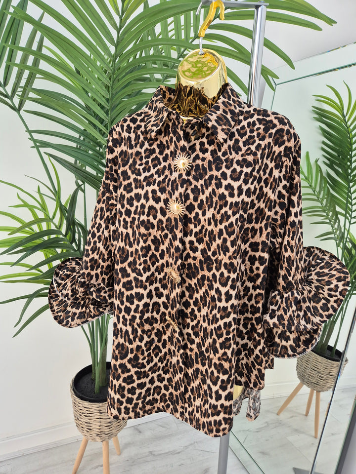 Leopard & Sunburst Buttons Blouse (Oversized)