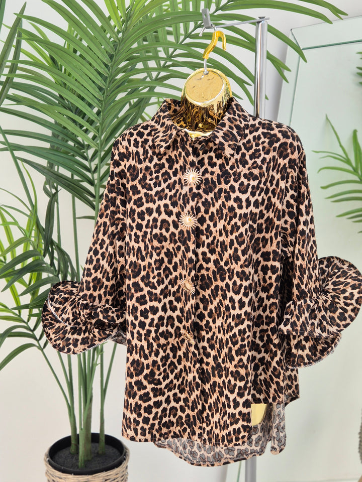 Leopard & Sunburst Buttons Blouse (Oversized)