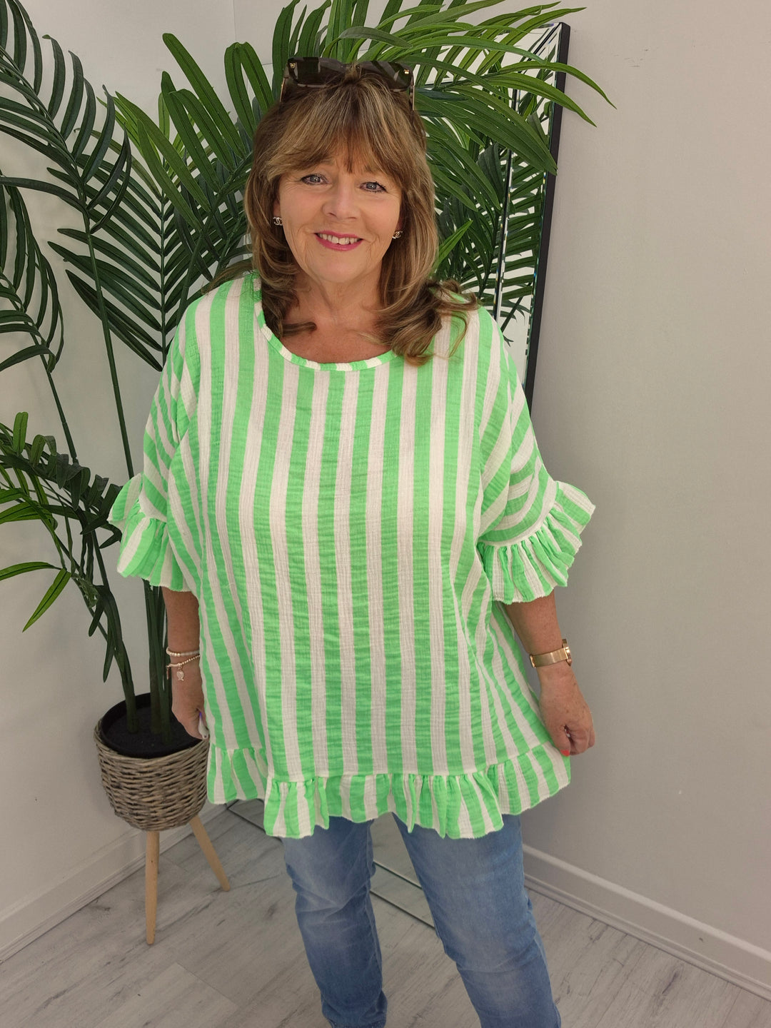 Candy Striped Top with Frilled Sleeves - (choose your Colour) - (Oversized)