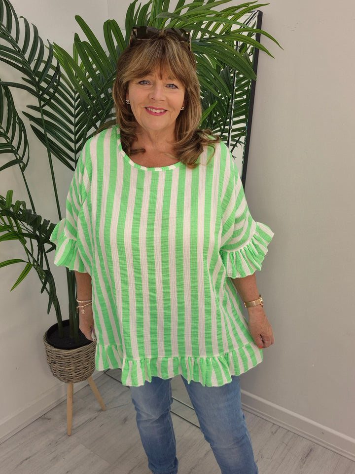Candy Striped Top with Frilled Sleeves - (choose your Colour) - (Oversized)