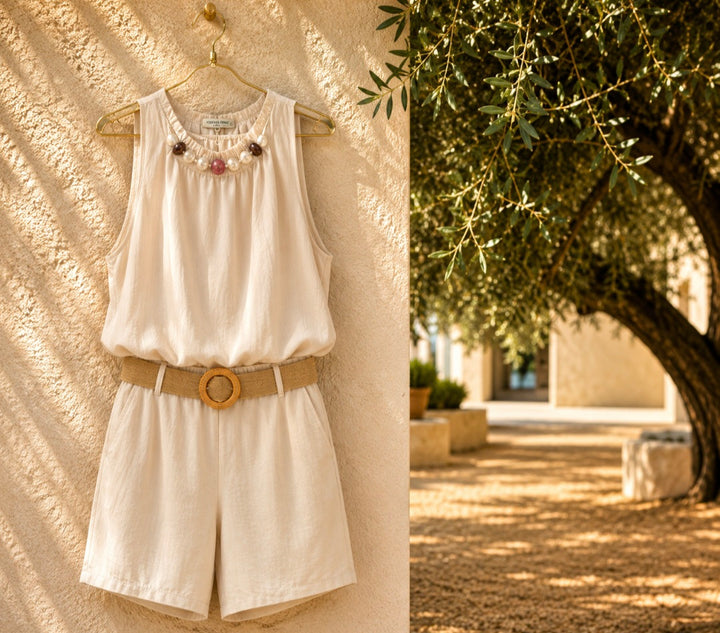 Zara Beaded Top & Shorts Set - Stone (One Size fits up to Size 16 or Small Size 18)