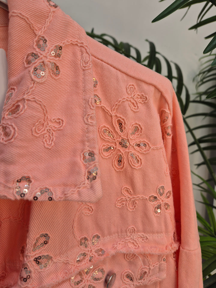 Dana Floral Sparkly Denim Shacket - Coral (One Size/Curvy, fitting from Size 10/12 up to Size 18)