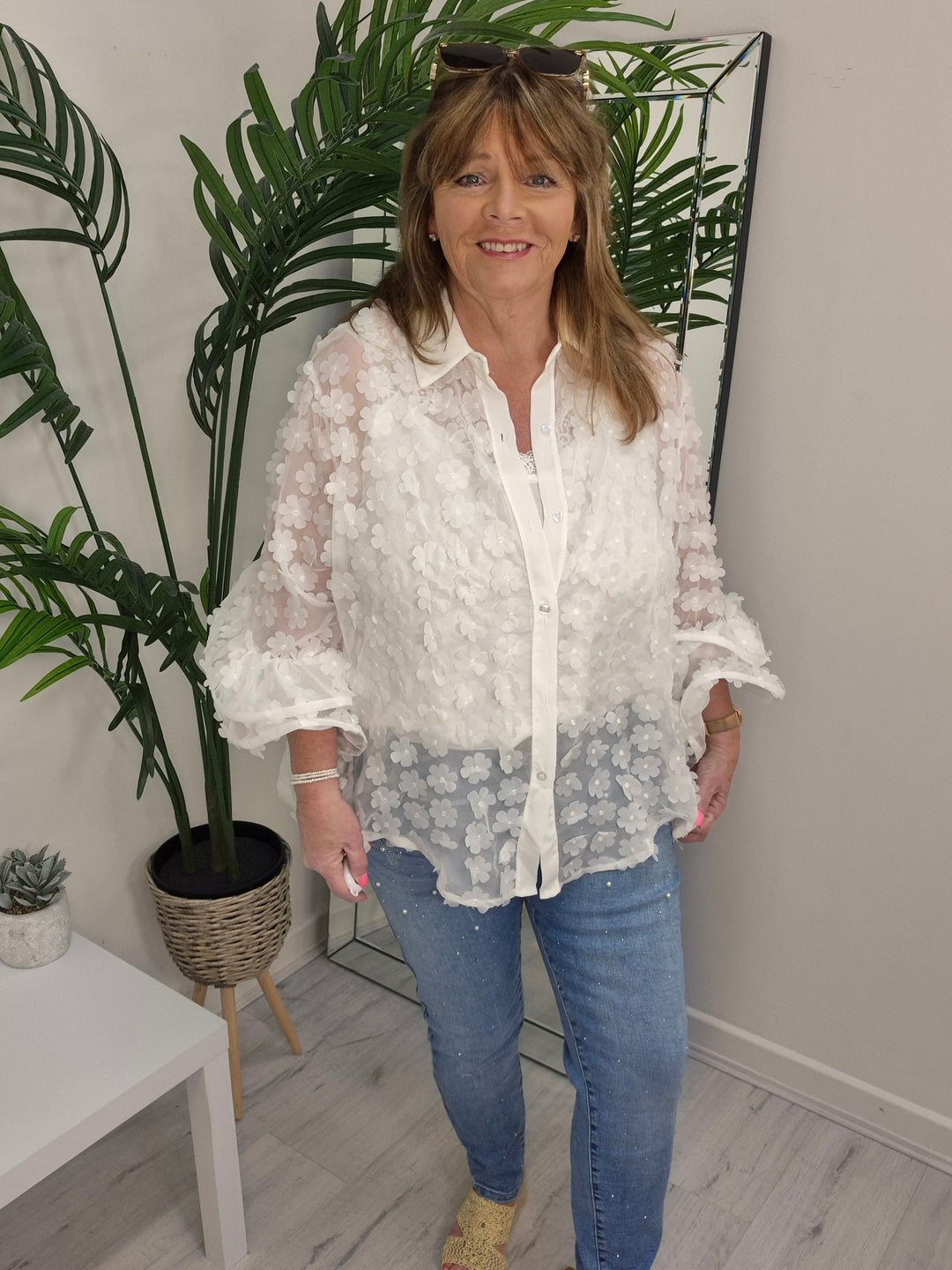 Alba Daisy Double Fluted Sleeve Blouse - White (Oversized)