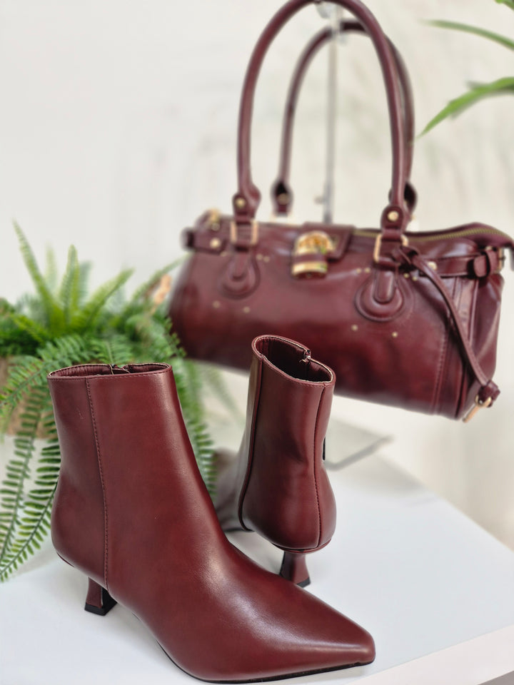 Mayfair Faux Leather Ankle Boots with Low Block Kitten Heel - Wine (choose your Size)