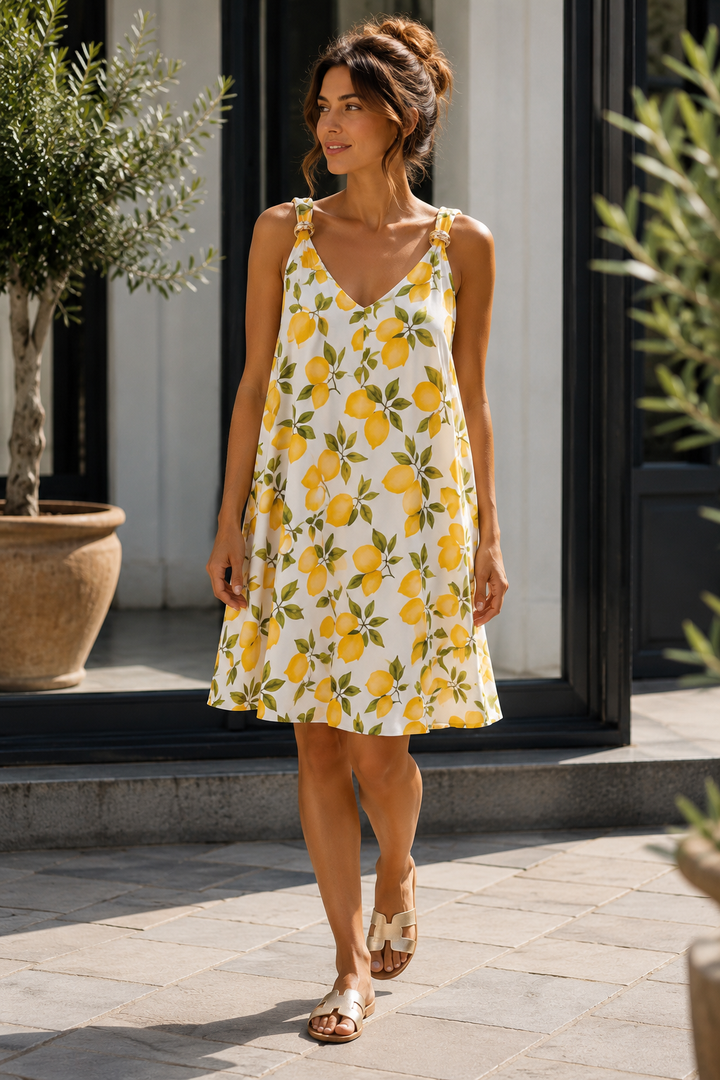 Lemons Strappy Dress with Gold Detailing - One Size, fitting up to Size 16 - White/Lemon