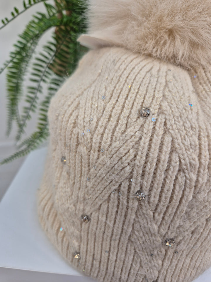 Oslo Fur Fur Pom Pom Hat with Crystals & Metallic Thread - Cream