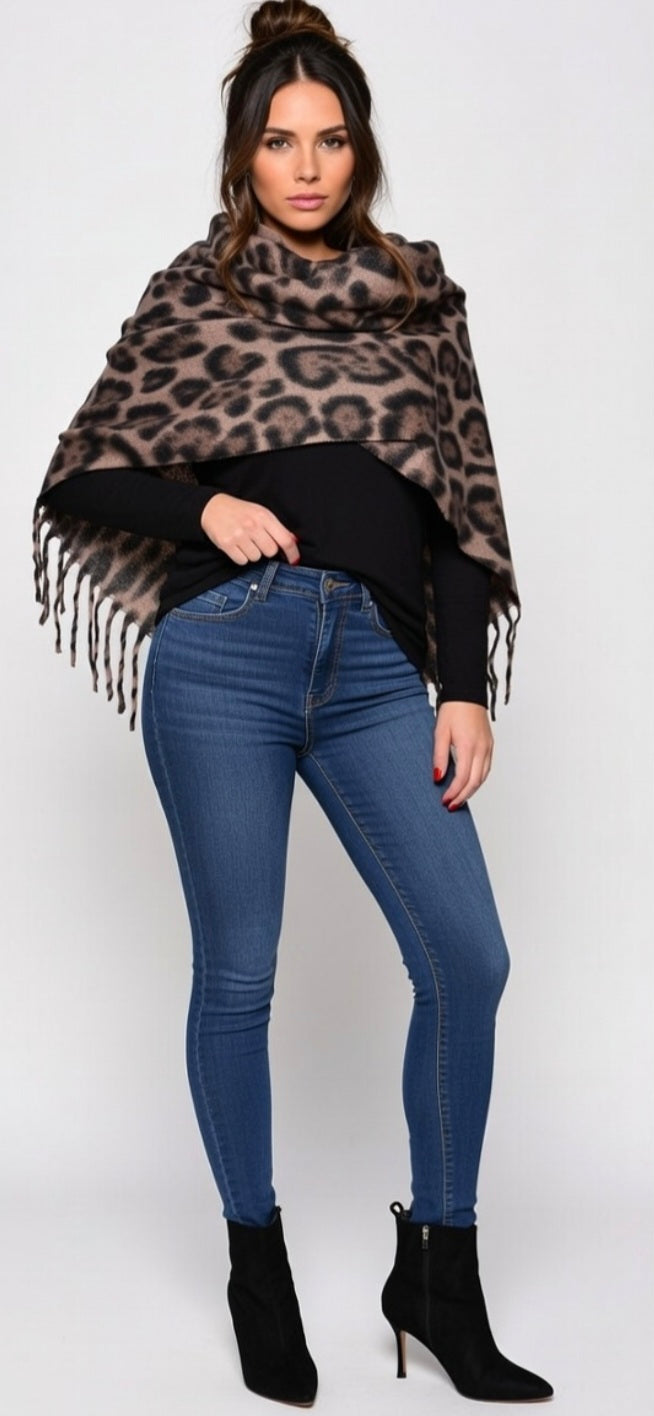 Chocolate Leopard Soft Touch Oversized Fringed Scarf