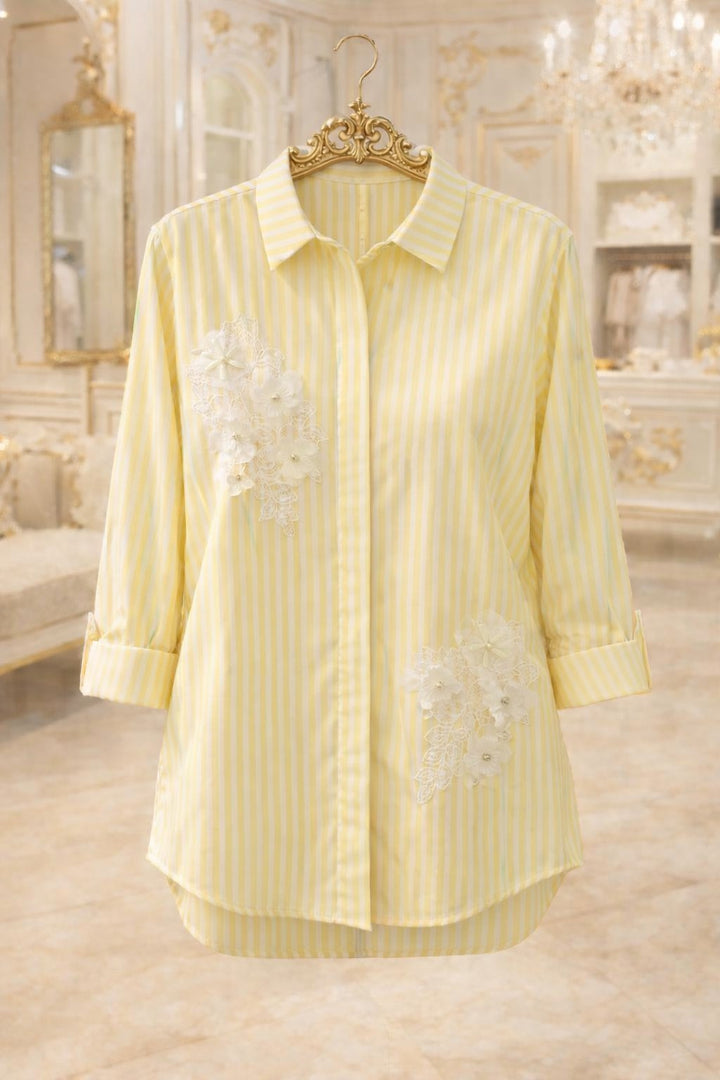 Penny Pinstripe Floral Applique Oversized Shirt - Lemon/White (One Size/Curvy - fitting from Size 16 up to Size 20)