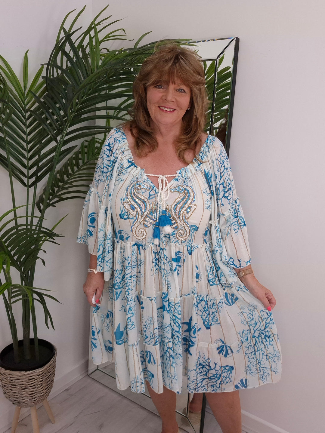 Seahorses Beaded Bardot Dress - Aqua (Oversized)