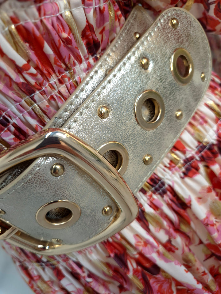Stretchy Belt with Large Buckle - Gold/Beige