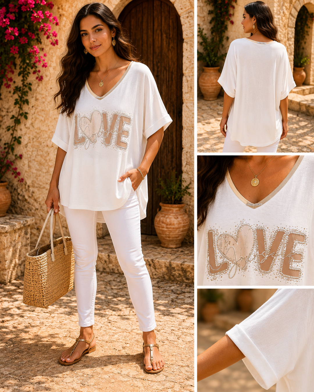 Love Yourself Oversized Top - (One Size, Size 12 up to Size 16) - White/Gold