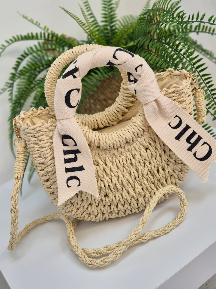 Chic Woven Raffia Bag with Dual Handles - Natural