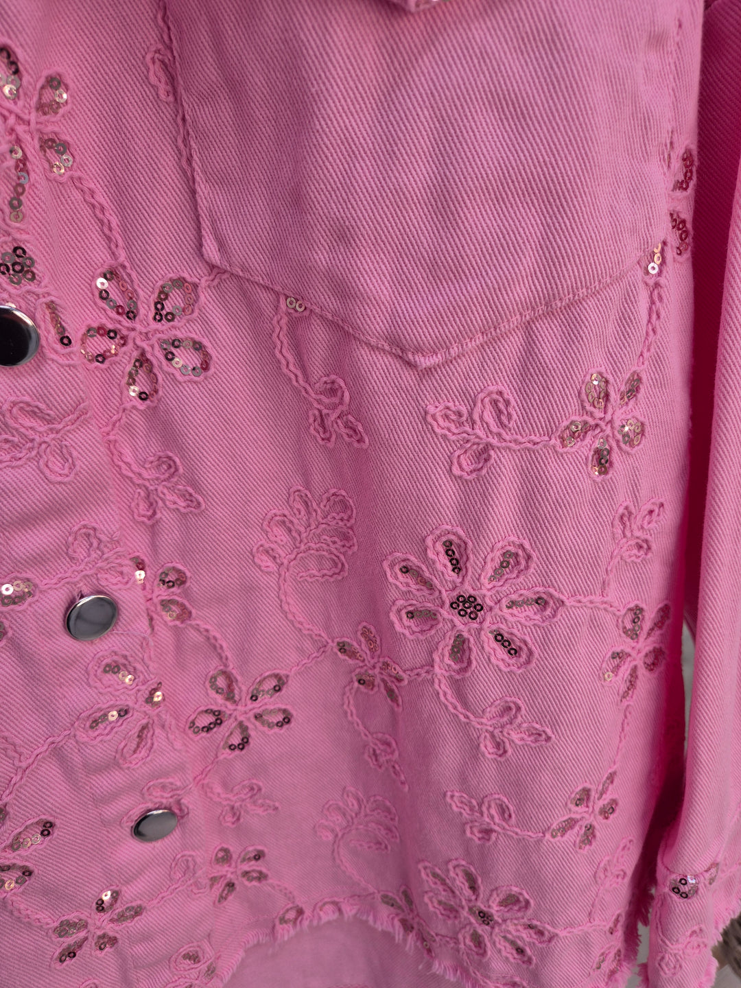Dana Floral Sparkly Denim Shacket - Pink (One Size/Curvy, fitting from Size 10/12 up to Size 18)  PRE-ORDER FOR DELIVERY MONDAY 2ND MARCH