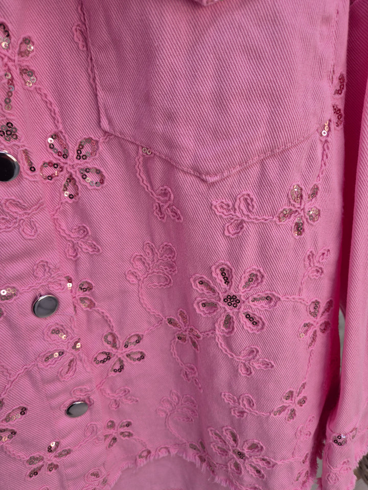 Dana Floral Sparkly Denim Shacket - Pink (One Size/Curvy, fitting from Size 10/12 up to Size 18)  PRE-ORDER FOR DELIVERY MONDAY 2ND MARCH