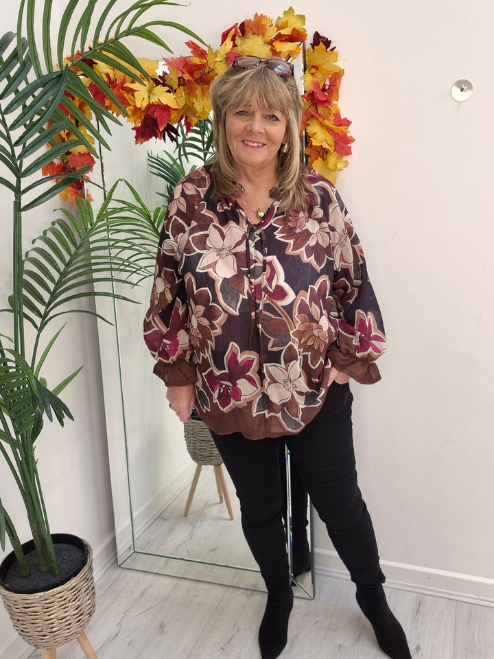 Floral Autumn Blouse - Black/Wine/Chocolate (fits from Size 12/14 to Size 18/20)