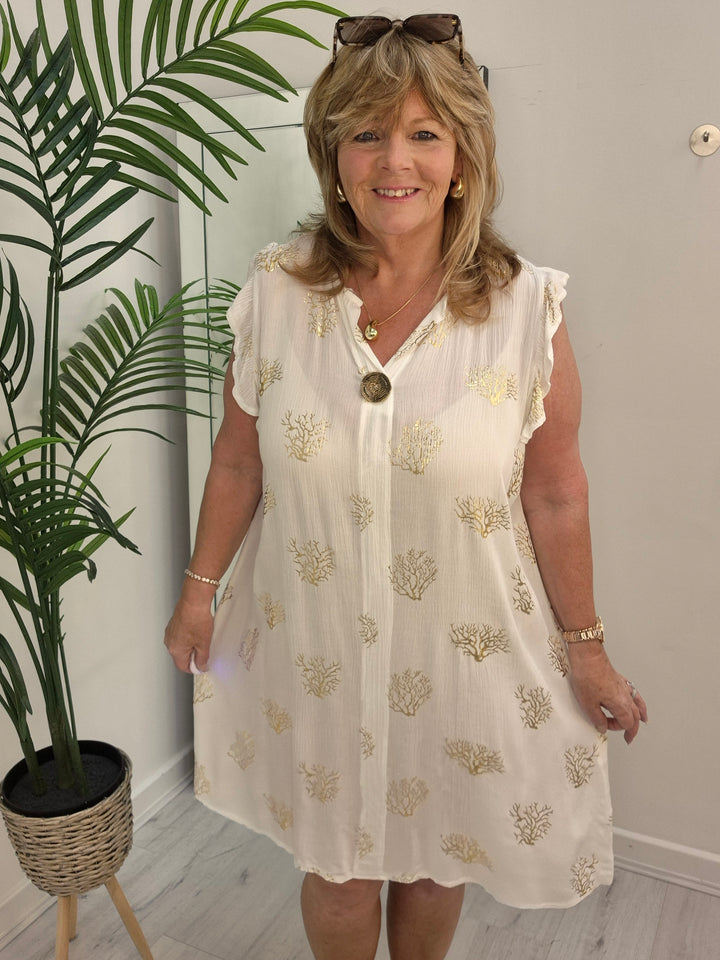 Ibiza Tree of Life Frilled Sleeve Dress - White/Gold - (Loose Fit)