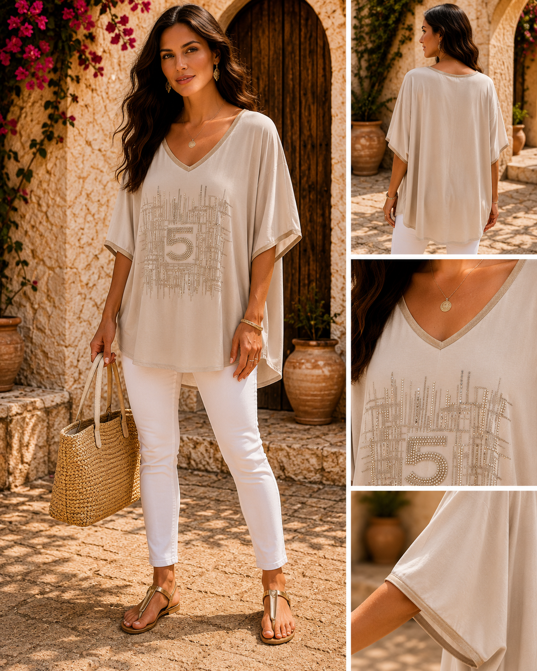 No 5 Sparkly V Neck Oversized Top - (Curvy, fits from Size 14/16 up to Size 20) - Taupe