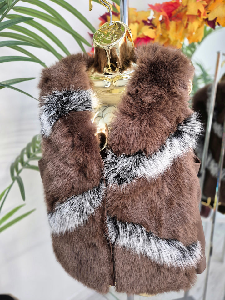 Oslo Faux Fur Two Tone Gilet with Crystal Fastenings - Chocolate (One Size - fits up to Size 10 up to Size 16)