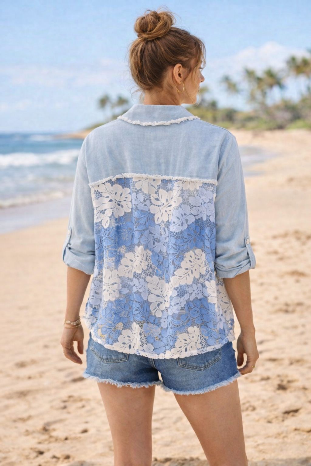Davina Oversized Denim Shirt with Lace - Blue (Oversized, fits from Size 14 up to Size 16/18)