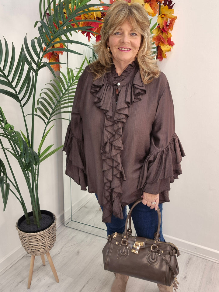 Rhea Ruffle Blouse - (One Size, fits from Size 14 up to Size 18/20) - Chocolate