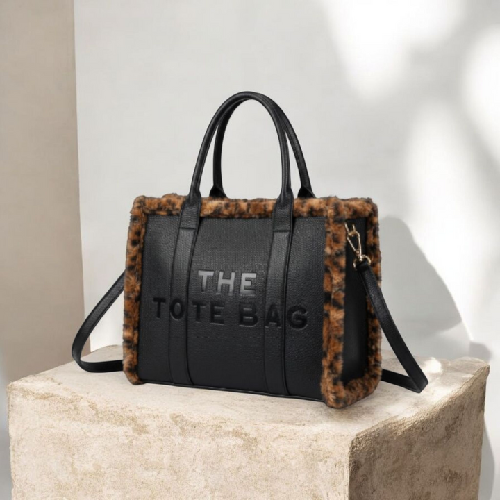 Oslo Tote Bag - Black with Chocolate Leopard Faux Fur (Large Size)