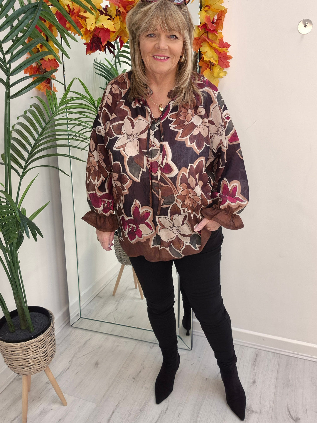 Floral Autumn Blouse - Black/Wine/Chocolate (fits from Size 12/14 to Size 18/20)