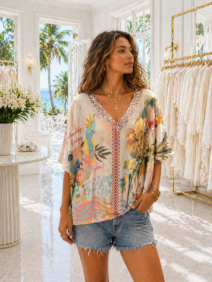 Carla Shimmer Oversized Top -  TROPICAL with Gold Foil & Sequins (One Size/Curvy fitting from Size 14/16 up to Size 20/22)