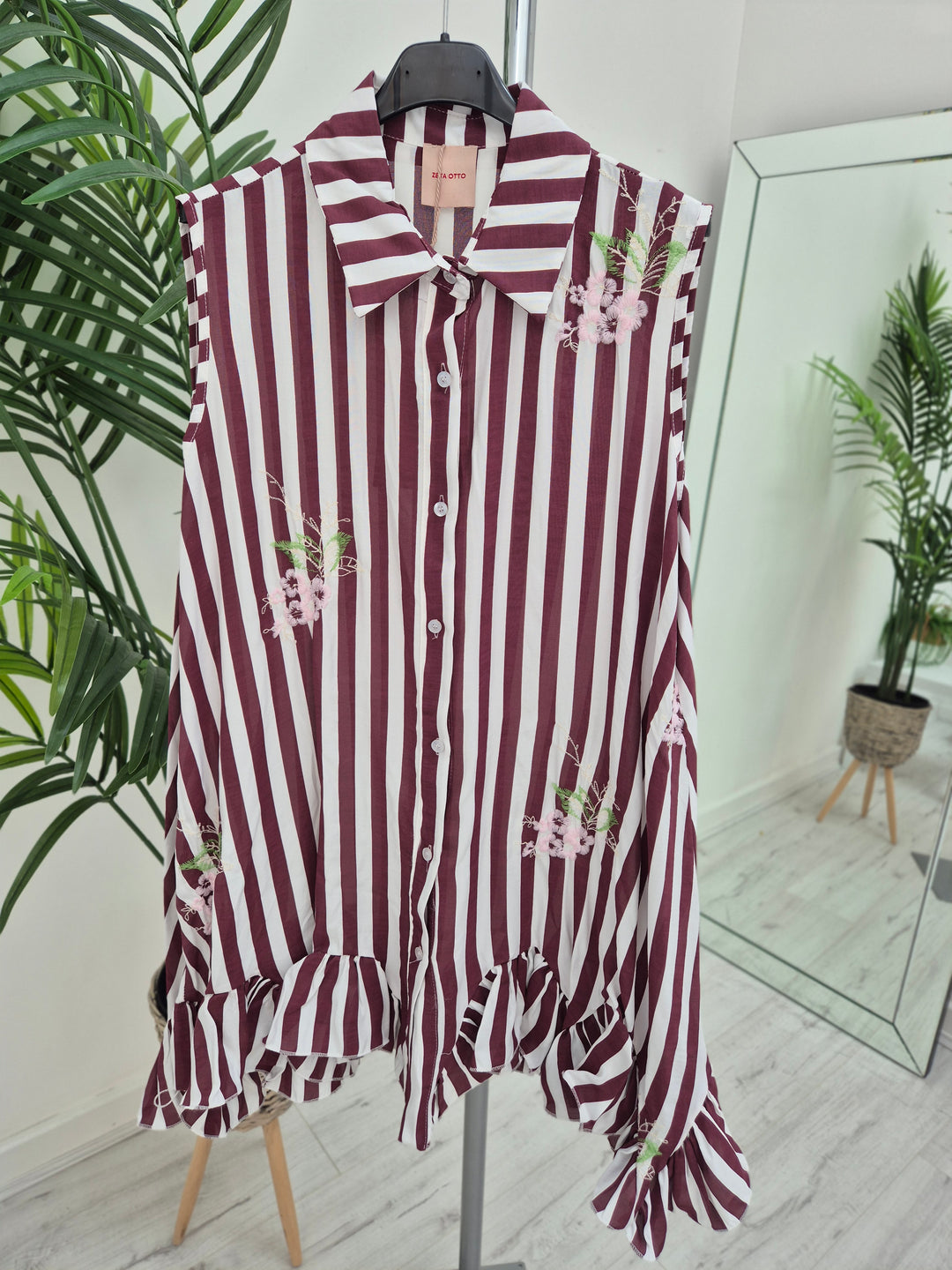 Seville Sleeveless Frilled Hem Dress - (One Size, fitting up to Size 16) - Floral Berry/White Stripes