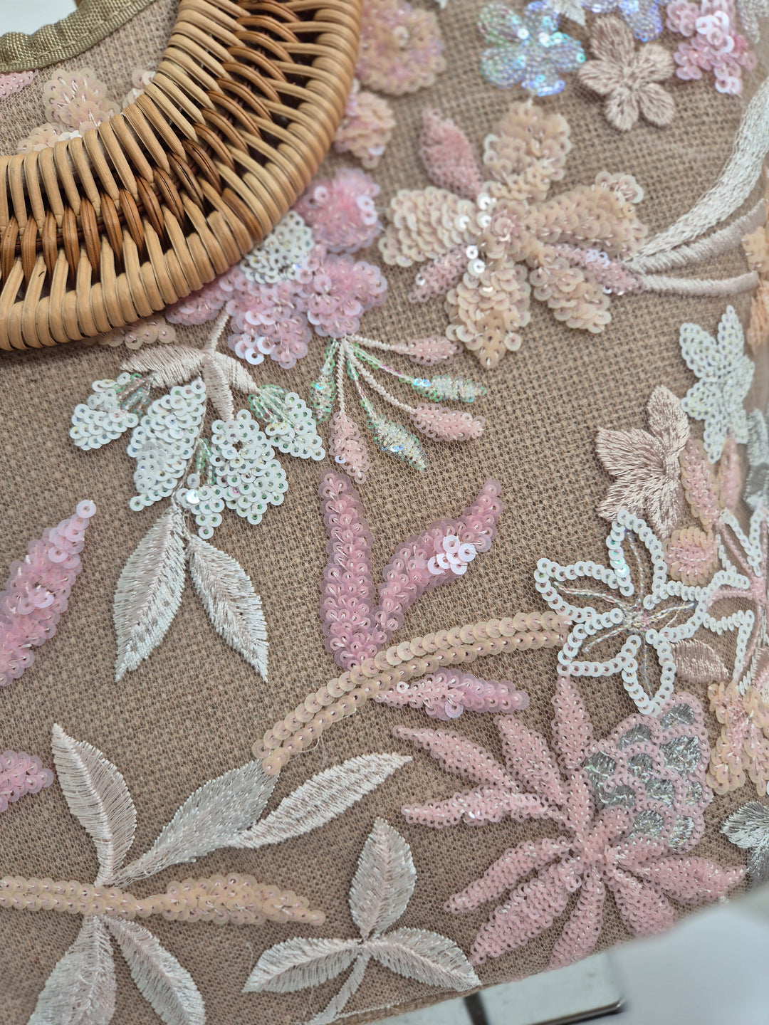 Floral Sequins Bamboo Bag - Pink