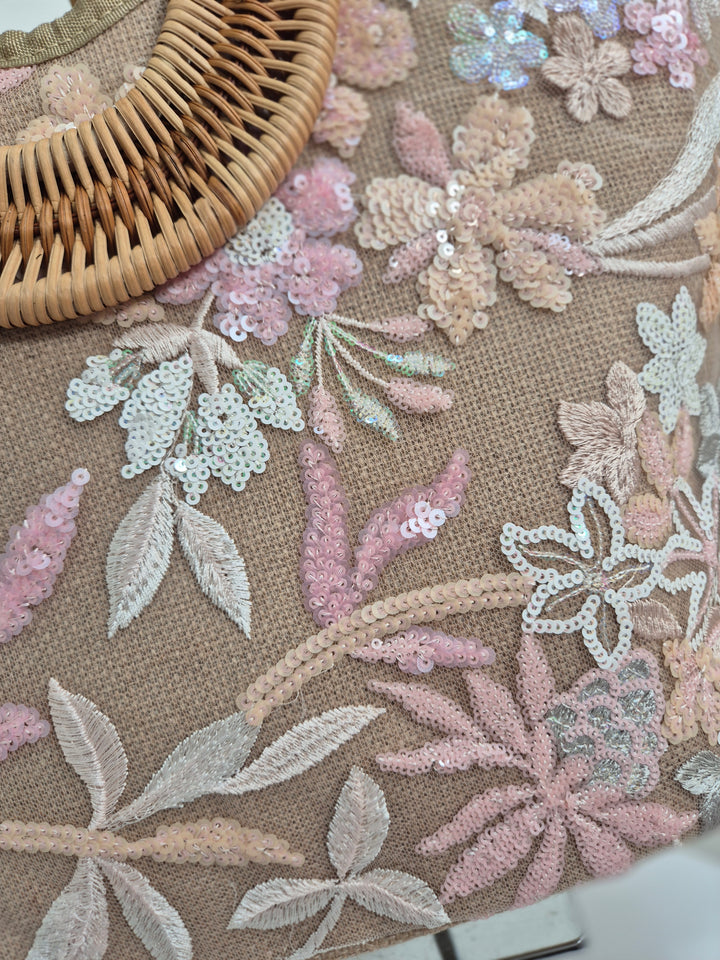 Floral Sequins Bamboo Bag - Pink