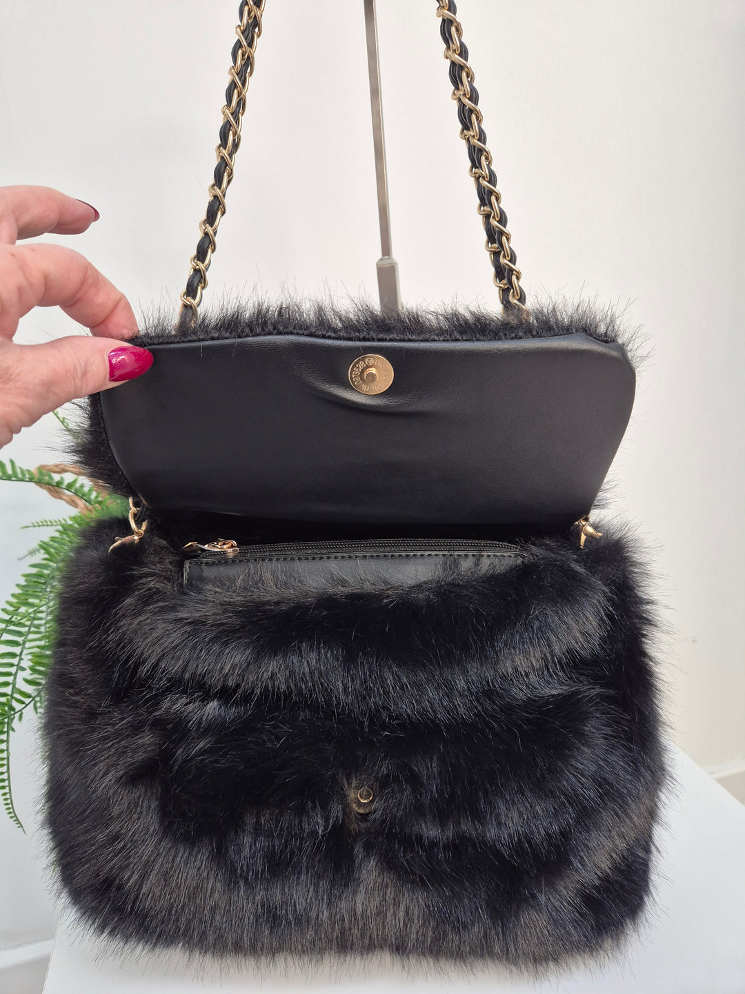 Oslo Faux Fur Bag with Gold Chain Link Dual Handles - Black