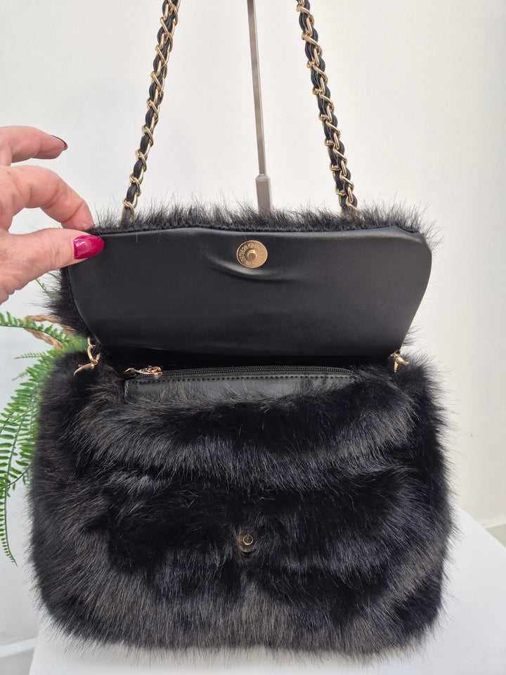 Oslo Faux Fur Bag with Gold Chain Link Dual Handles - Black