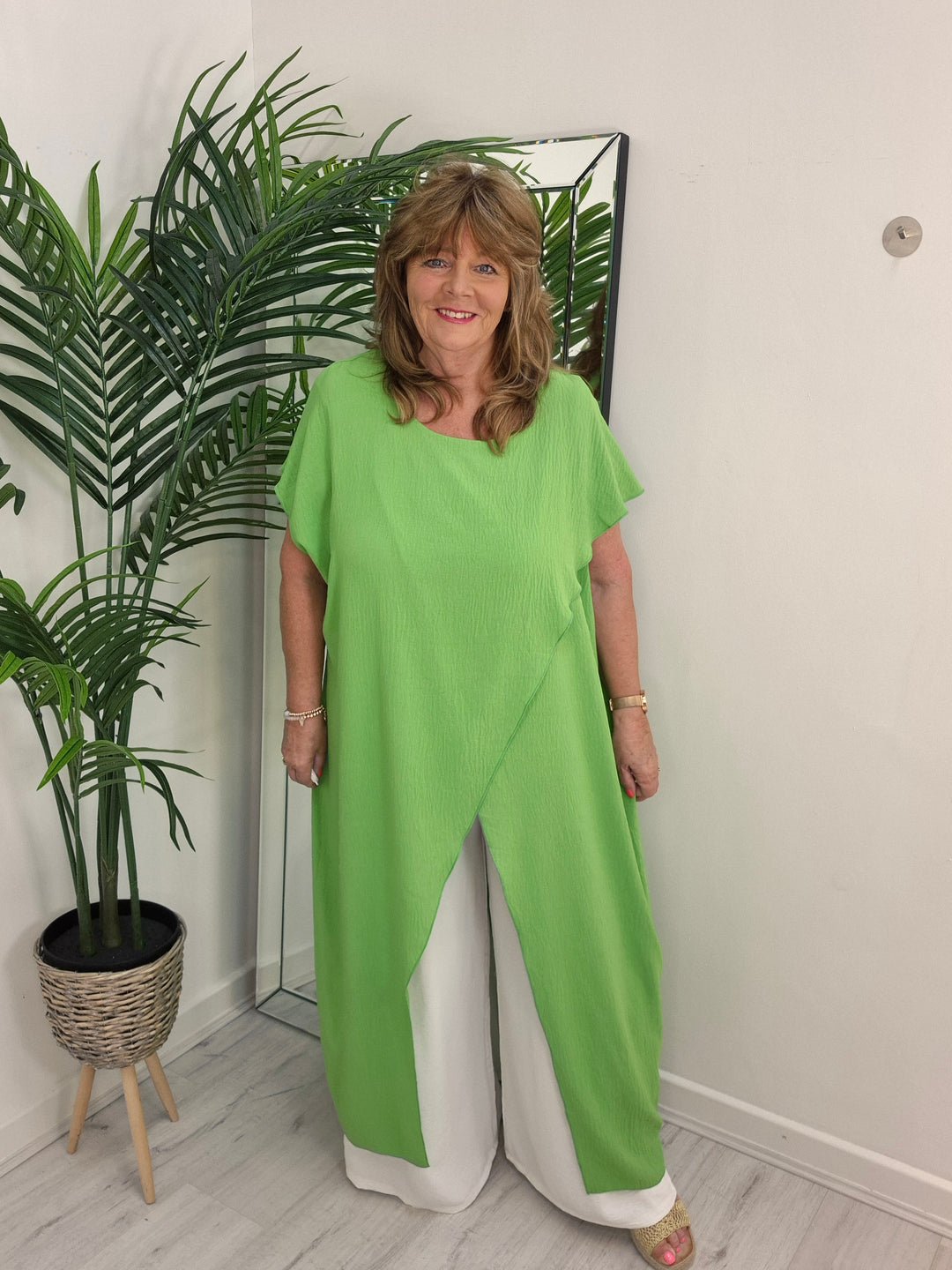 Sassi Crossover Longline Tunic & Wide Leg Pants Co-ord Set  - Lime/White