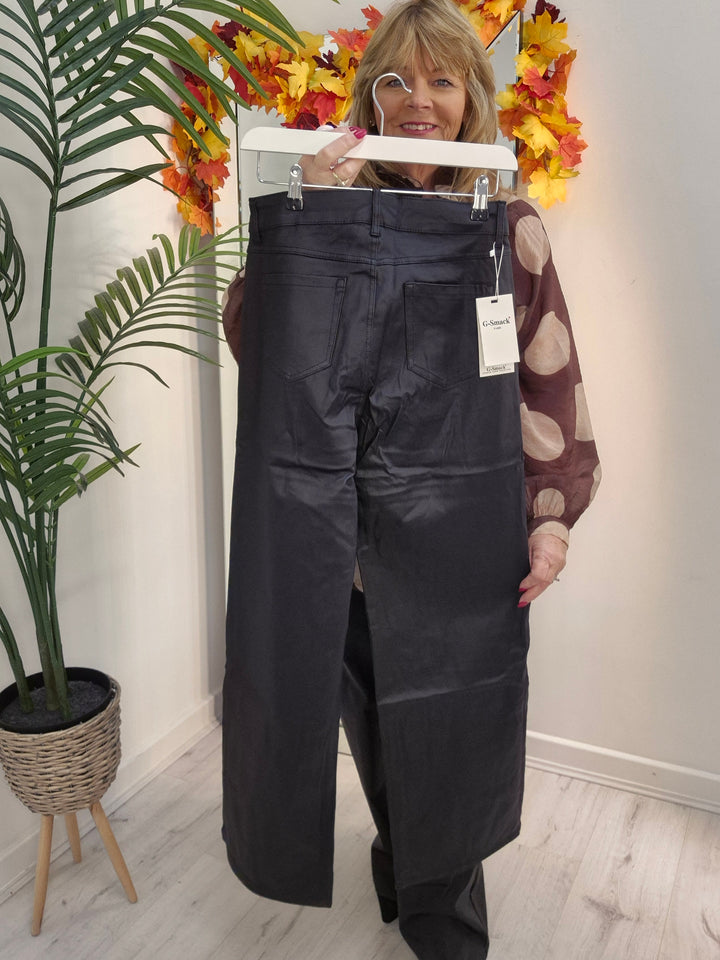 Noir PU Coated Wide Leg Jeans - Black (G Smack) - (choose your Size)
