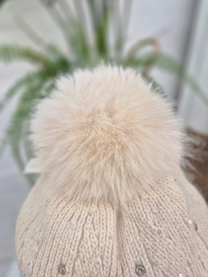 Oslo Fur Fur Pom Pom Hat with Crystals & Metallic Thread - Cream