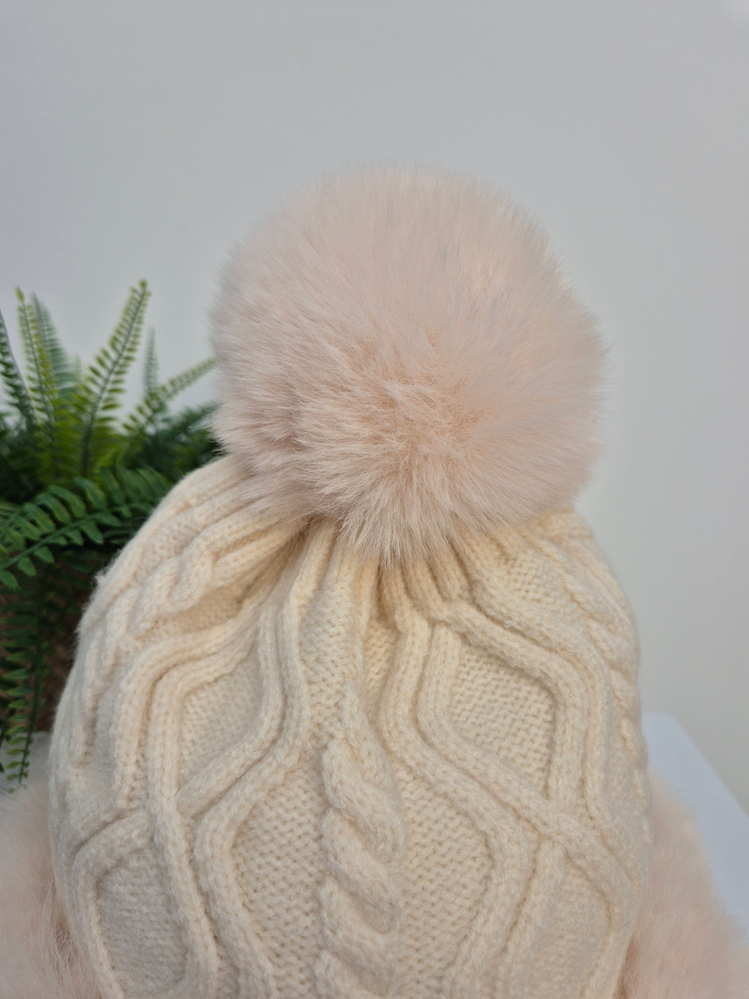 Oslo Faux Fur Pom Pom Cable Hat & Soft Feel Brushed Tassel Scarf Bundle - Cream