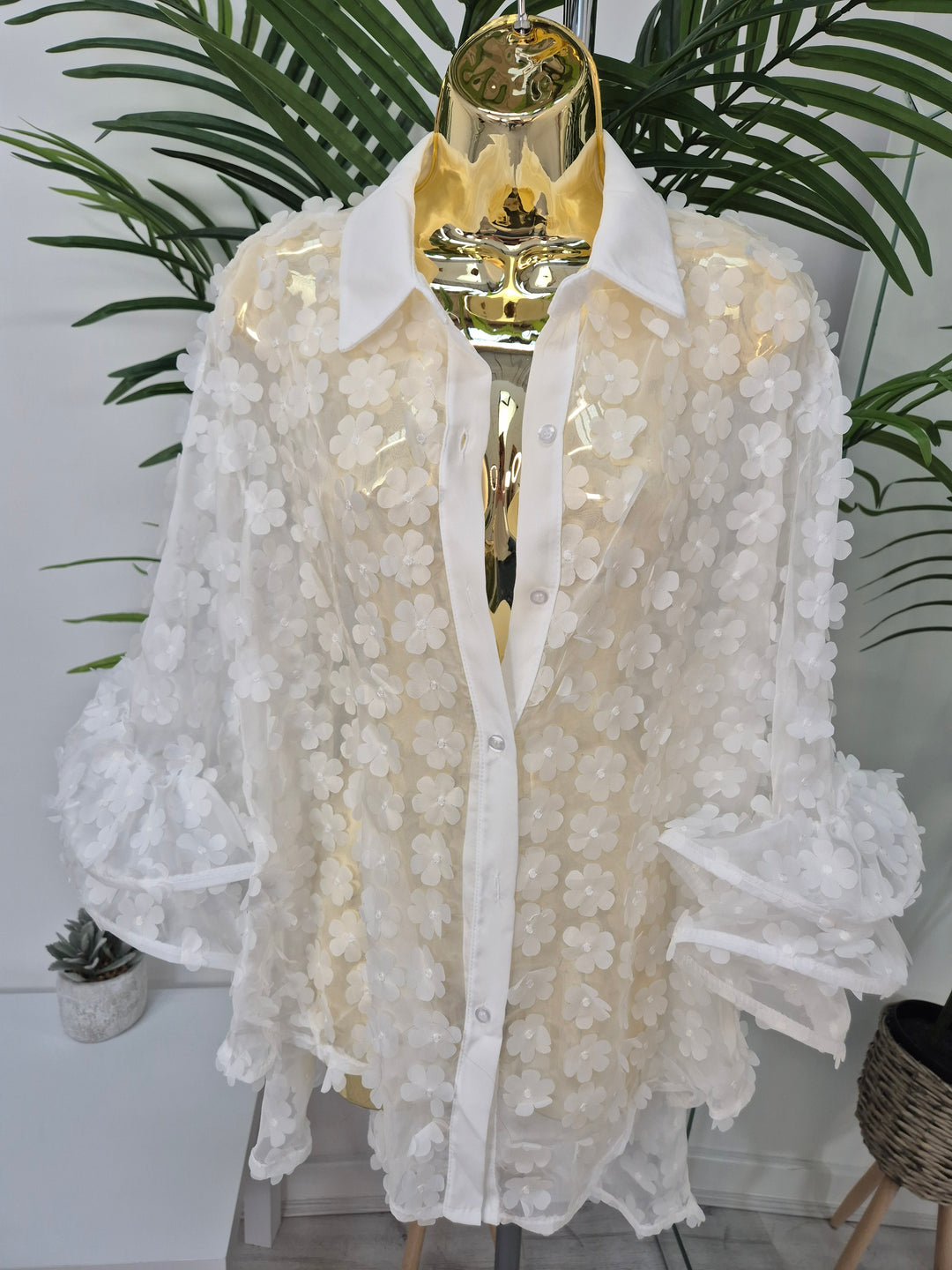 Alba Daisy Double Fluted Sleeve Blouse - White (Oversized)