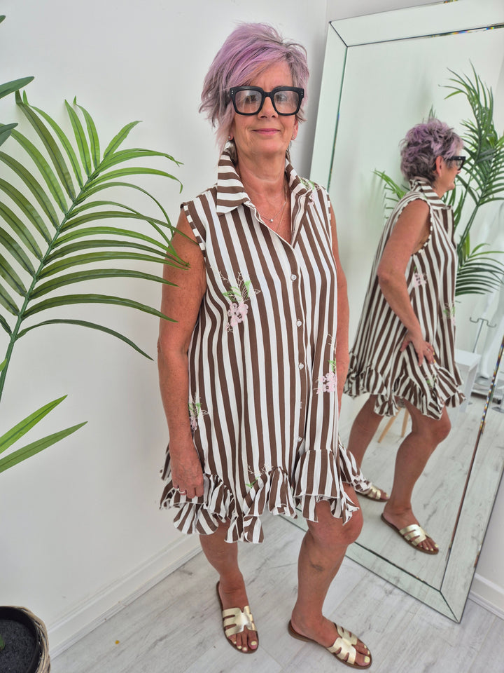Seville Sleeveless Frilled Hem Dress - (One Size, fitting up to Size 16) - Floral Chocolate/White Stripes