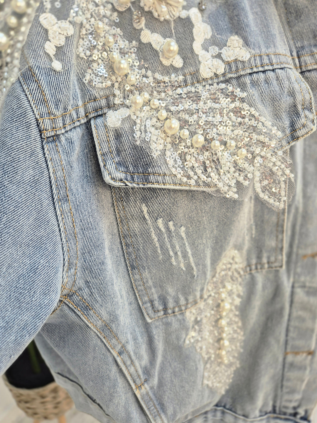 Angelica Crystal & Pearl Denim Jacket - Stonewashed (Oversized)